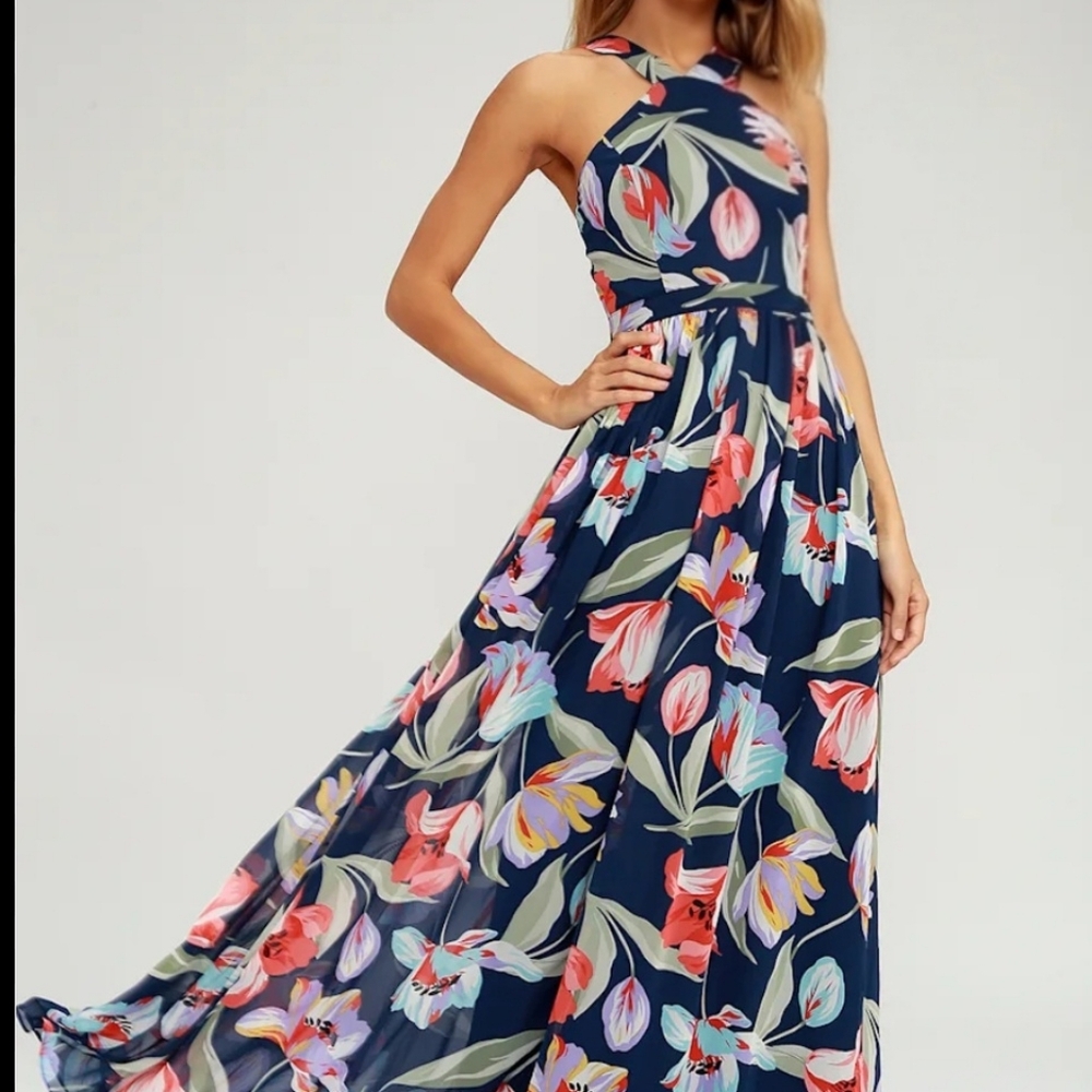 Lulus Size S- Lovely Navy Floral Multi Print Halter Maxi Dress